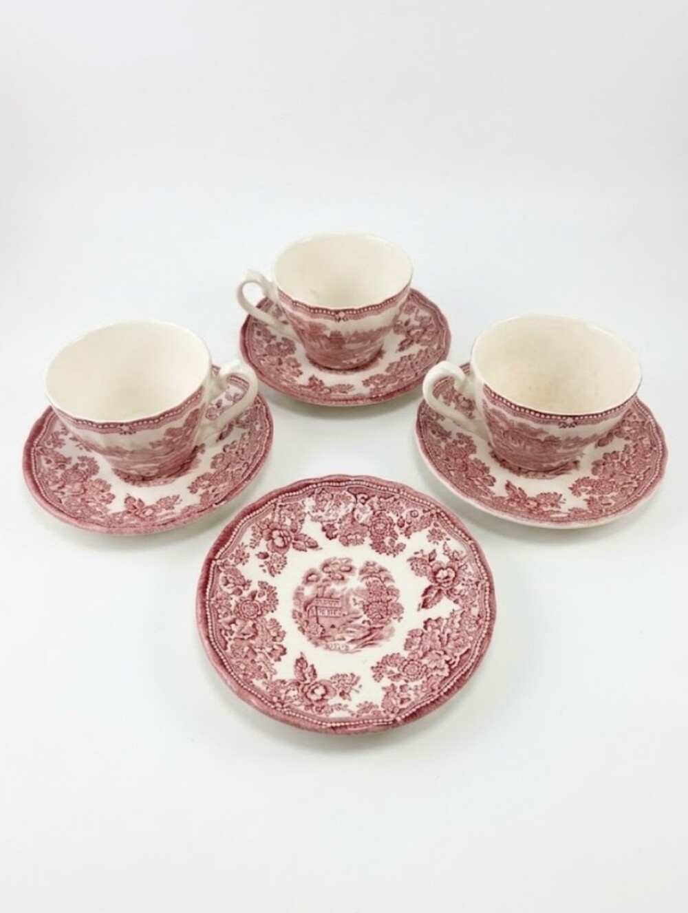 Vintage Myott Tonquin Pink Red Transferware Teacups & Saucers Set 1982